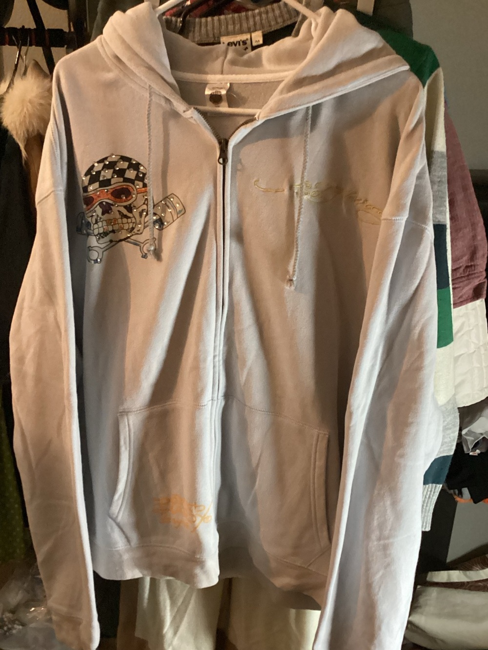 Ed Hardy Light Blue Zip-Up Hoodie with Skull Graphic